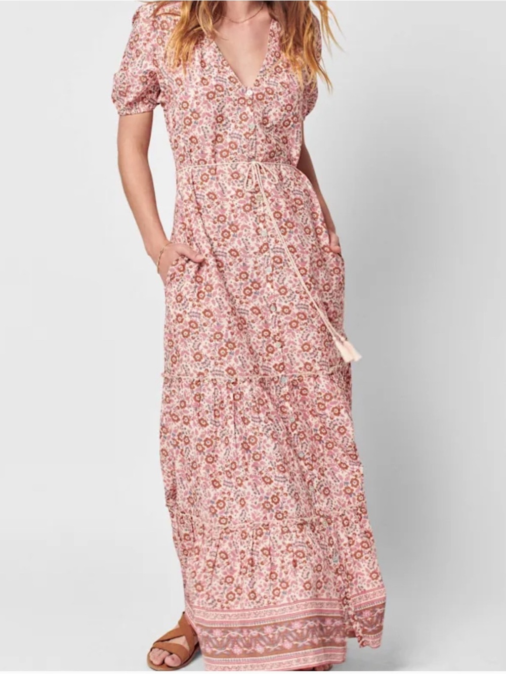 Faherty Pink Floral V-Neck Maxi Dress with Tie Waist